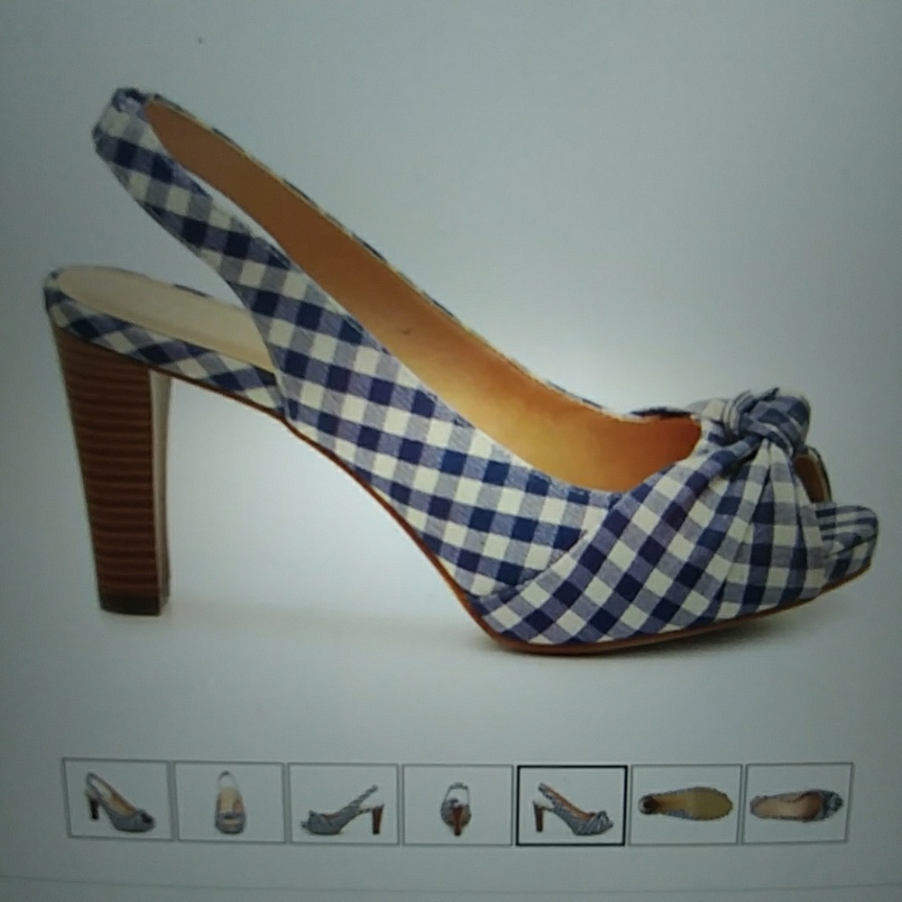 Blue gingham slingback heeled sandals